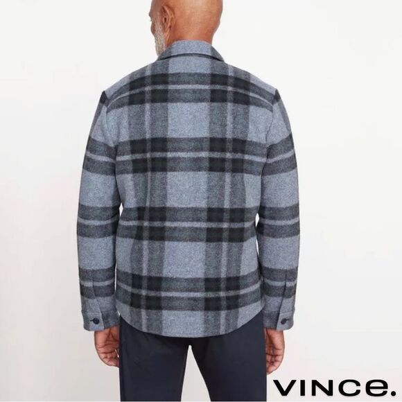 Vince **NWT** Heavy Knit Brushed Flannel Plaid Shirt Jacket in Heather Blue Grey - Picture 16 of 16